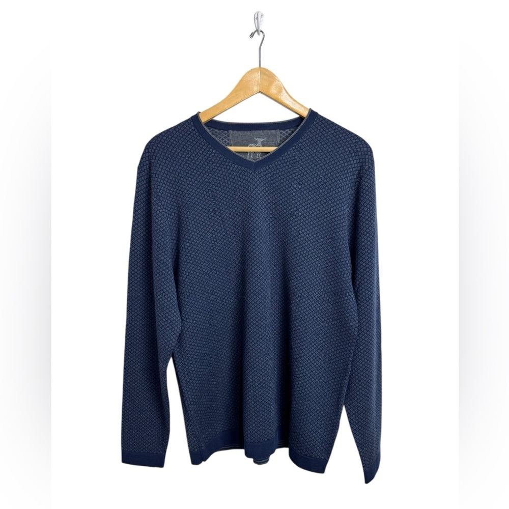 Raffi Wool Blend V- Neck Geometric Print Sweater Navy NWT